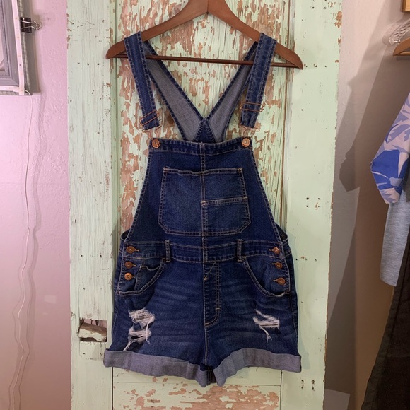 No Boundaries Denim - Juniors no boundaries size 7 dark blue denim wash overall shorts Preloved